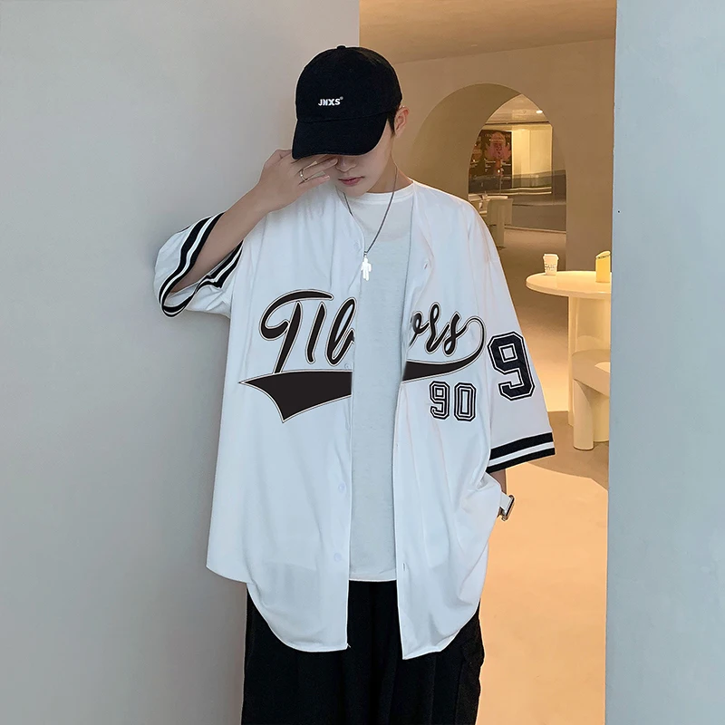 Men Short Sleeve Shirts Vintage Fashion Streetwear Hip-hop V-neck Summer Ins Baseball Outwear Chic Korean Style Harajuku Leisure casual short sleeved shirt short sleeved shirt