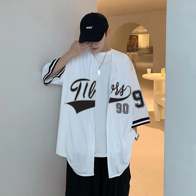 Men Short Sleeve Shirts Vintage Fashion Streetwear Hip-hop V-neck Summer  Ins Baseball Outwear Chic Korean Style Harajuku Leisure
