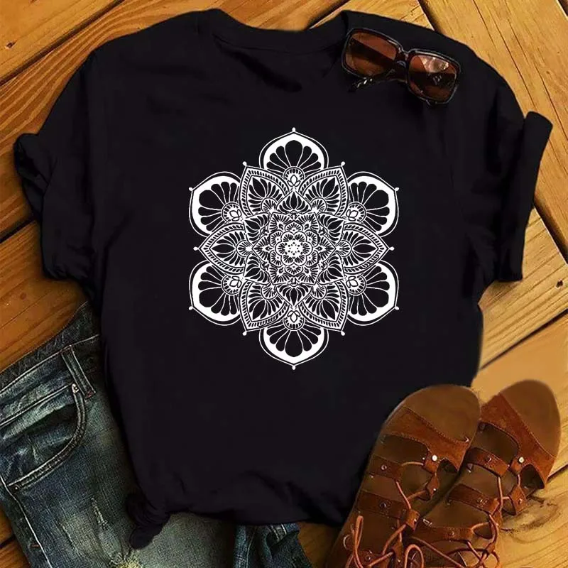 Maycaur New Mandala Floral Printed T Shirt Women Casual Fashion T-shirt Loose Short Sleeve 90s Girls Aesthetics Black Tshirt Top cheap graphic tees