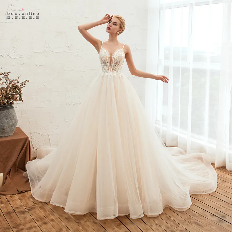 Vestidos de Novia сексуальное свадебное платье с глубоким v-образным вырезом кружевное платье на тонких бретелях жемчуг для свадебной одежды Тюлевое Платье De Mariee