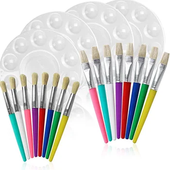 

16 Pcs Children Paint Brush Set with 4 Paint Tray Palettes, Round Flat Paintbrush for Kids Students Beginners Artist