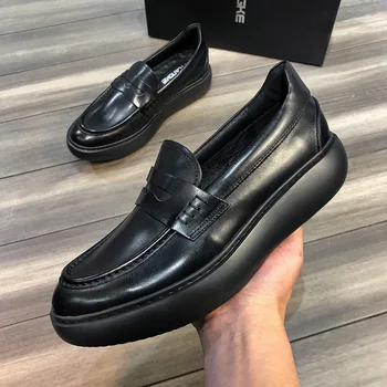 

road show cow leather light thick sole heightening men's muffin leather shoes men's Korean version one foot Lefu shoes