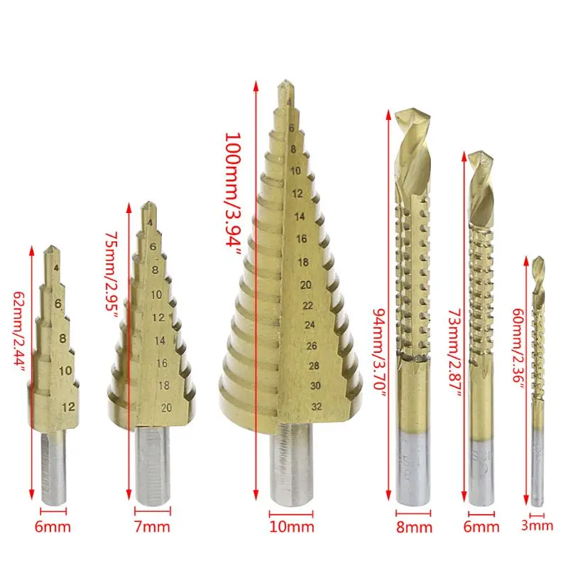 

6Pcs/Set HSS Steel Titanium Coated Step Drill Bit Hole Cutter 4-12/20/32mm Metal Drilling Power Tool New 2019 U4LB