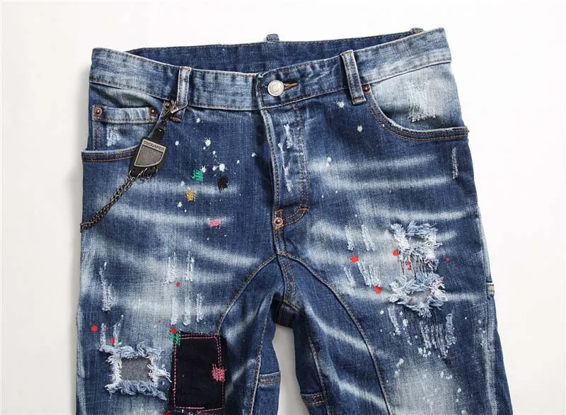 KIOVNO Mens Ripped Holes Denim Trousers Painted Patchwork Stretch  Jeans Pants For Male Straight  (4)