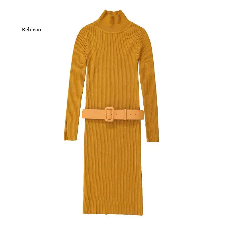 

Women Turtleneck Knitted Slim Dress Casual Solid Long Sleeve Midi Dress Vintage Ribbed High Waist Party Dresses New Autumn