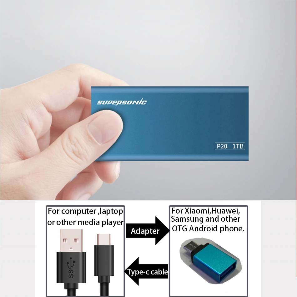  Supersonic P20 Volle Metall Tragbare Solid State Drive 256GB 512GB 1TB 2TB Typc-C USB3.0 SSD für PC