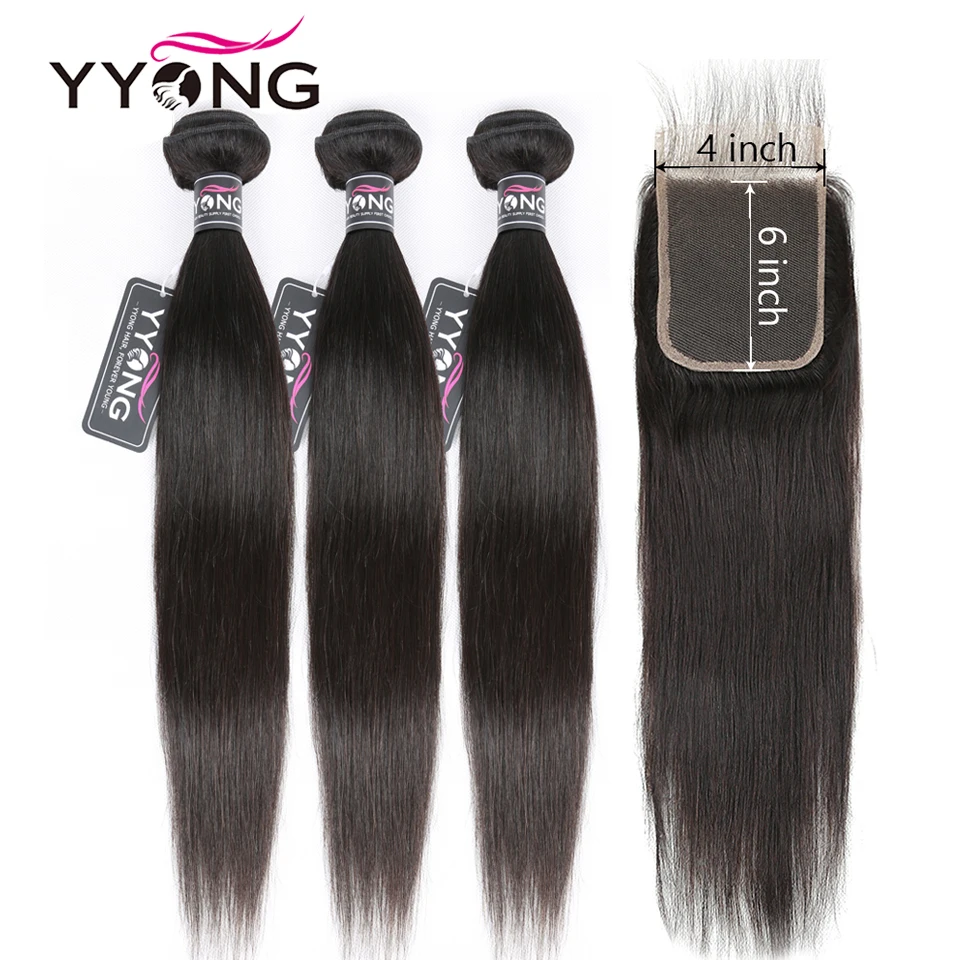 Yyong Hair Store 4x6 закрытые бразильские Прямые 3/4 пучки с закрытием Remy человеческие