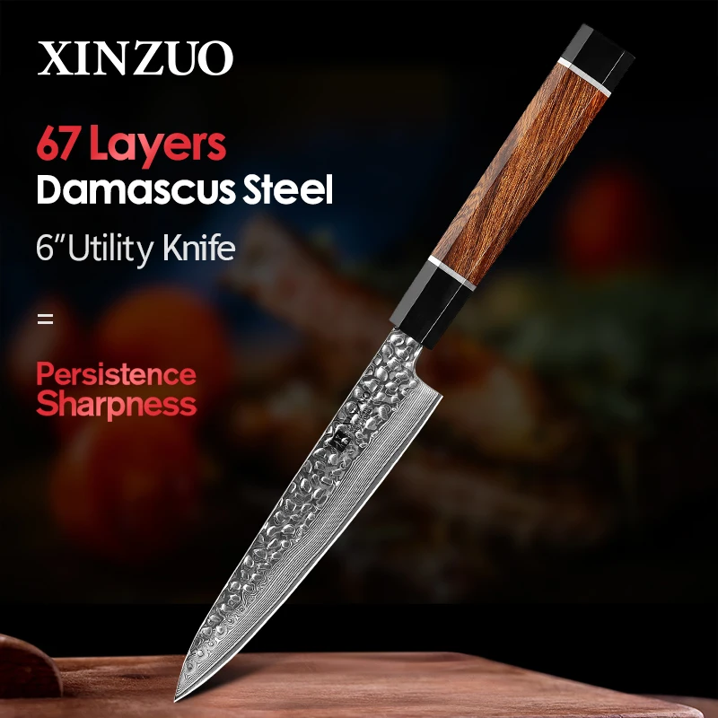 XINZUO 6" Inch Damascus Steel Utility Knife North America Desert Ironwood Handle Japanese VG-10 Peeling Fruit Kitchen Knives