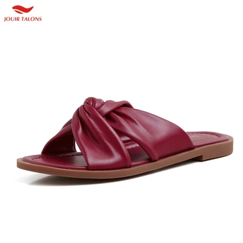 

JOUIR TALONS 2020 Dropship Genuine Leather Women Sandals Flat With Fleated Summer Outside Woman Slides