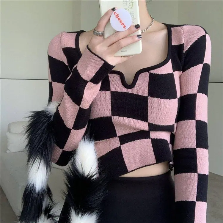 Tonngirls Knitted T Shirt Women Long Sleeve Checkerboard Plaid Square Collar Ladies Tops 2022 Korean Slim Skinny Cropped Tees cheap graphic tees