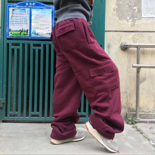 Plus Size Hip Hop Joggers Sweatpants for Men and Women Streetwear Big Pocket Cargo Pants Casual Straight Loose Baggy Trousers Burgundy