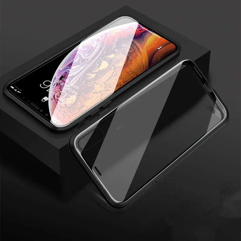 For iPhone XR X XS MAX Transparent Double-sided glass phone case 6 S 7 8 PLUS Magnetic Metal frame protective |
