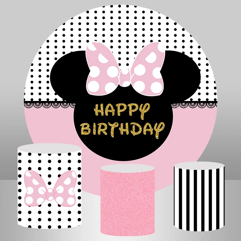 InMemoryCartoon Pink Mouse Bow Girl Birthday Backdrop for Photo Studio Round Circle Background Photography Cake Table Decoration