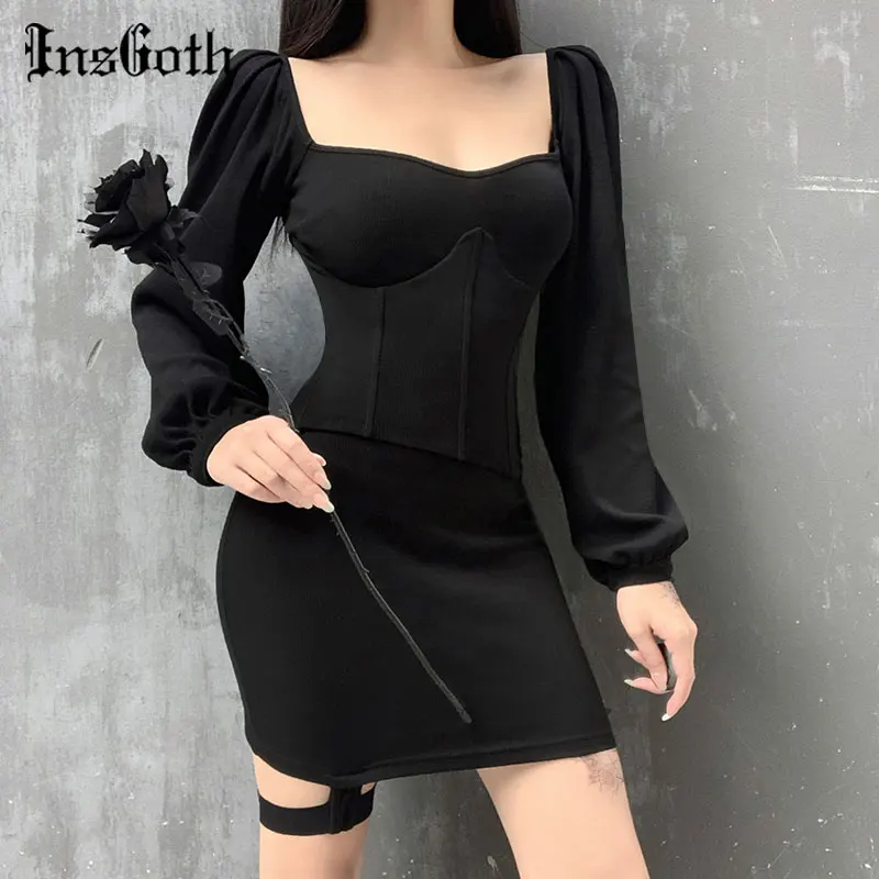 

InsGoth Gothic Women Corset Black Dress Vintage Goth Sexy Hollow Out Mini Dress Elegant Party Christmas Dress With Leg Straps