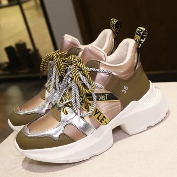 

New Sneakers Women Platform Green Sneakers Horsehair Shoes Casual Boots Breathable Soft Woman Chunky Shoes Botas Mujer Invierno