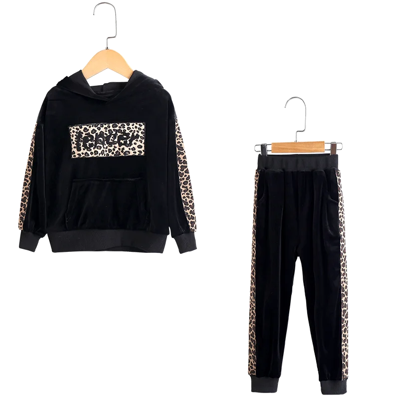 Детский спортивный костюм для девочек, спортивный костюм, золотой бархатный Леопардовый принт, костюм с длинными рукавами для девочек, худи, свитер, Осенняя детская одежда