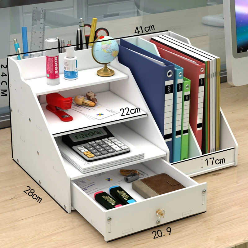 Organizador de escritorio de 4 niveles con estantes de archivos verticales,  almacenamiento de organización de oficina con cajón y 2 soportes para