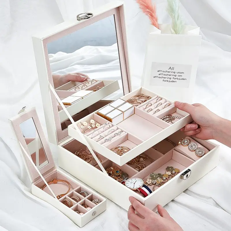 3-in-1 Large Jewelry Organizer Storage Box For Women Gift Display Case Earrings Watch Ring Holder Stand Drawer Flip with Key | Дом и сад