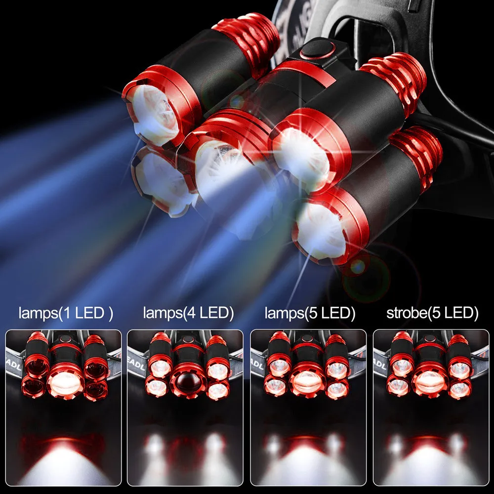 35000лм налобный фонарь 5x CREE XM-L T6 светодиодный налобный светильник вспышка светильник налобный светильник 18650 перезаряжаемый аккумулятор AC Зарядка на открытом воздухе кемпинг