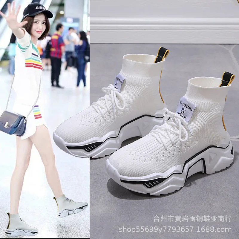 

2019 New Style White Shoes Solid Color Versatile Casual Shoes Women's Breathable Sleeve Knit Lace-up round-Toe WOMEN'S Shoes