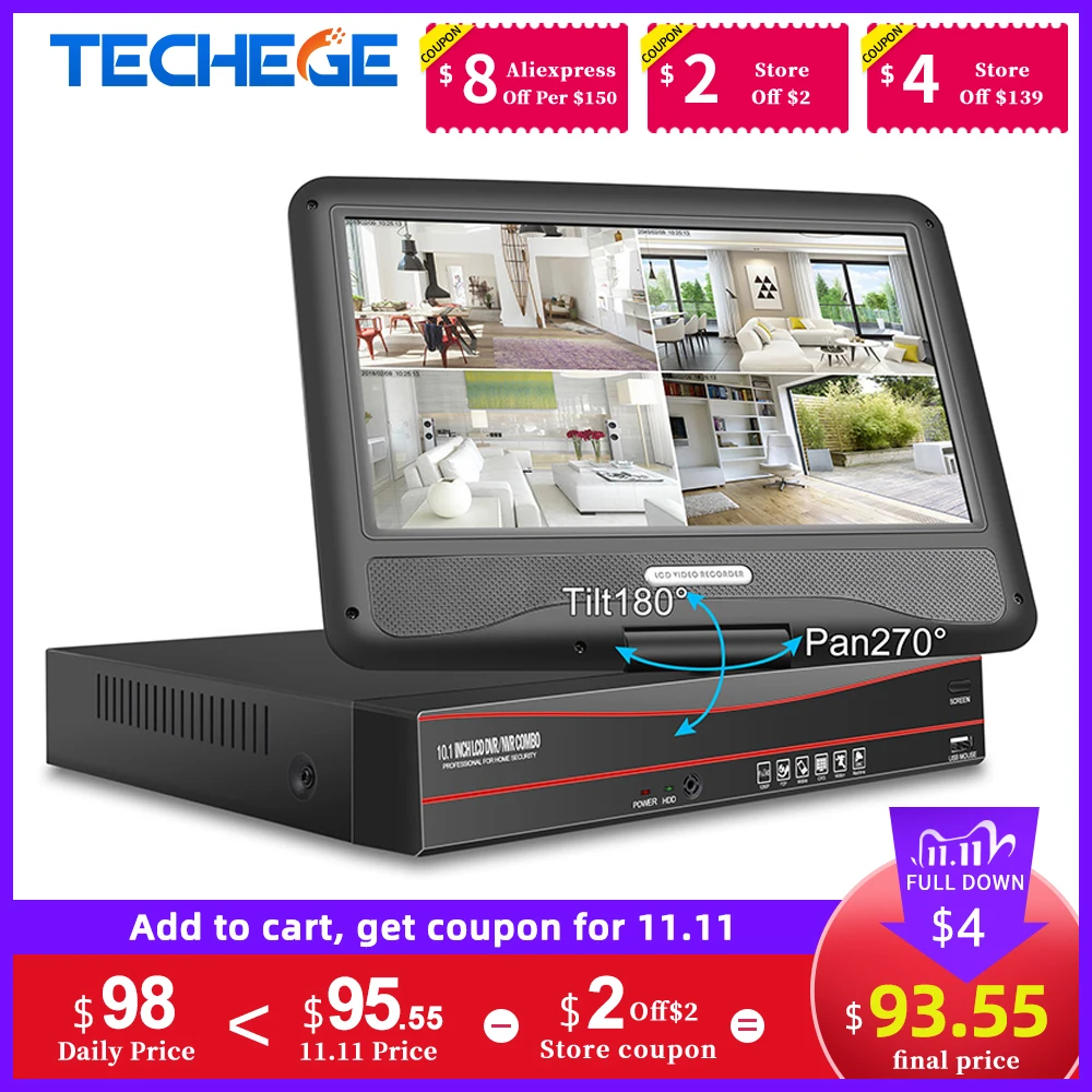 Сетевой видеорегистратор Techege все в одном 8 канальный сетевой PoE 48 В 1080P с ЖК
