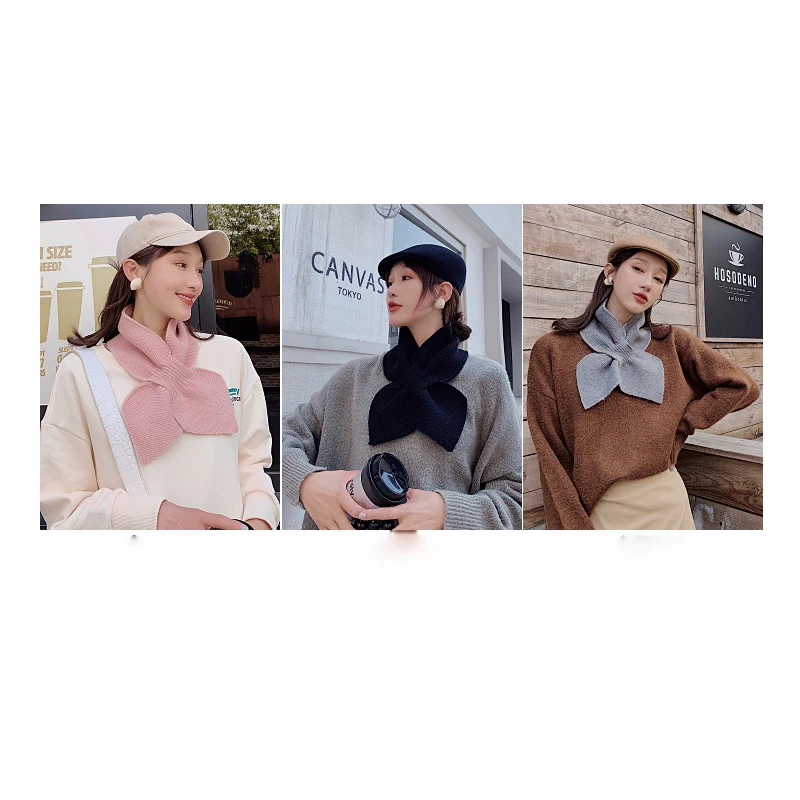 DICLOUD, корейские вязаные шарфы, женские, Harajuku, модные, повседневные, с бантом, женский шарф, Осень-зима, Одноцветный, крест на шее, набор, женский шарф