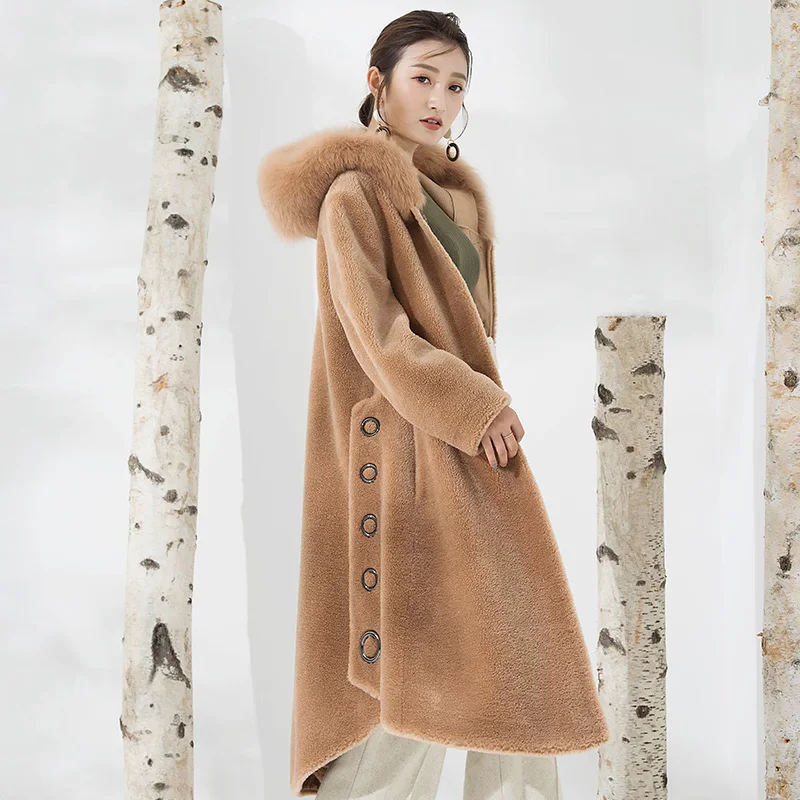 AYUNSUE/зимнее пальто для женщин из овечьей шерсти; пальто из натурального меха; Женское шерстяное пальто с воротником из лисьего меха; Длинная Куртка с капюшоном; Manteau Femme; MY4268 - Цвет: Sha Mo hong