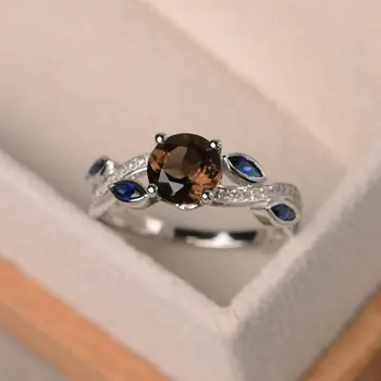 

European and American Retro Wild Temperament Brown Crystal Ring S925 Silver Single Super Flash Round Lace Topaz Female Ring