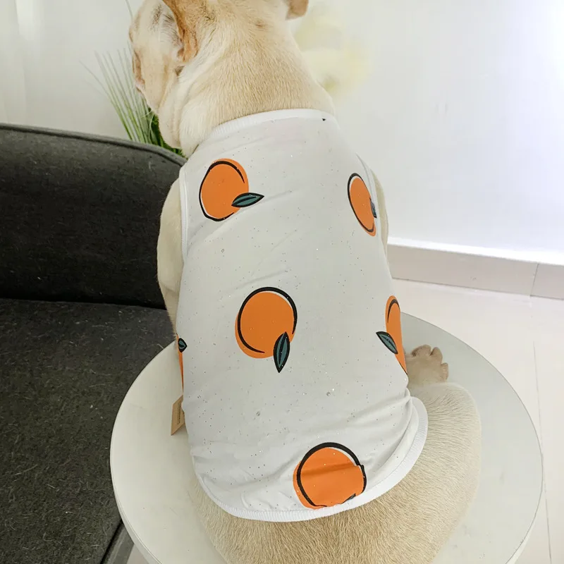 Летняя одежда для домашних животных оранжевого цвета с принтом для маленьких собак, хлопковый жилет для собак с круглым вырезом и блестками, одежда для французского бульдога и кота шнауцера XQ161 - Цвет: Белый