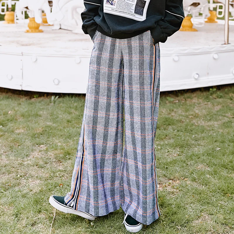 

2019 New College Winter Style Loose Large Size Chequered Straight Trousers Women's Broad-legged Trousers and Long Pants Women