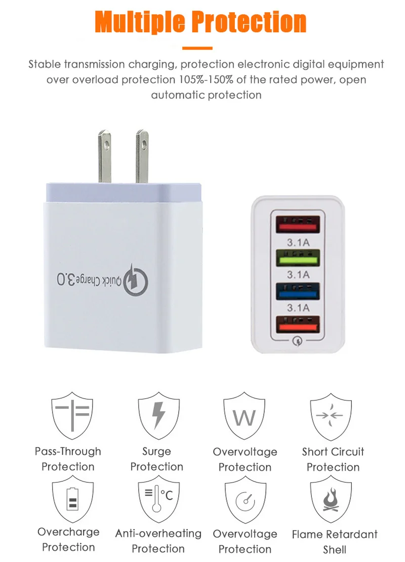 США Plug 4USB умный мобильный телефон зарядное устройство 5V3A зарядное устройство для samsung для Xiaomi для IPhone x для huawei адаптер зарядное устройство