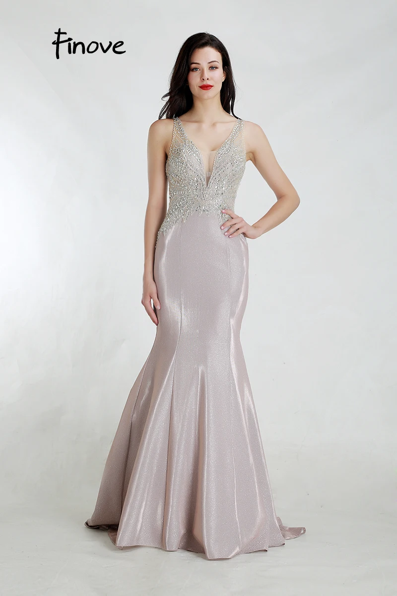 Finove Prom Dresses Sexy V Neck Reflective Dress Beading Crystal Sequin Long Length Mermaid In Women' Dresses Plus Size