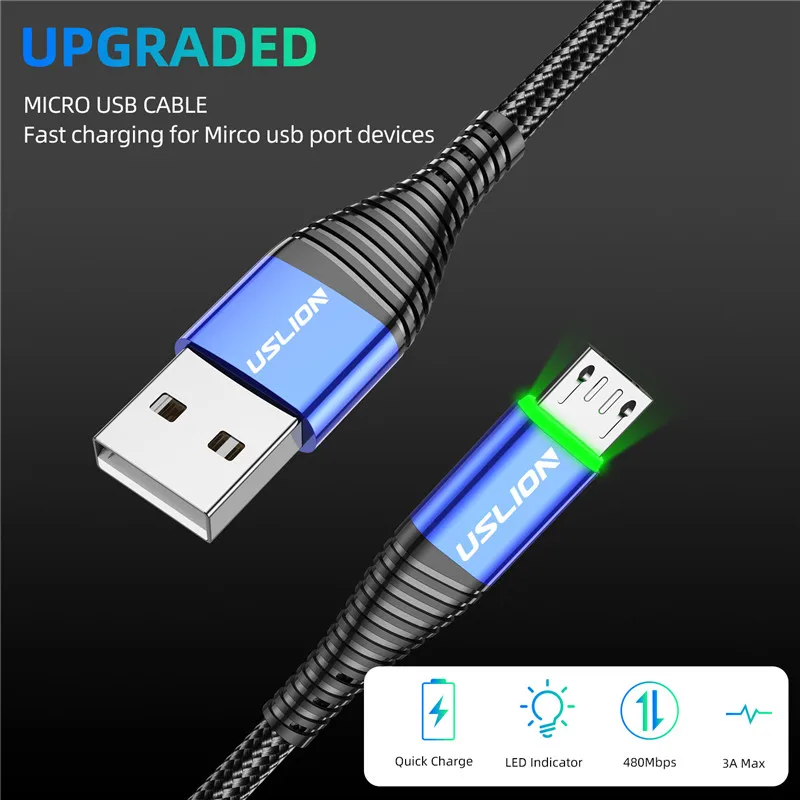 USLION 3A светодиодный Micro USB кабель для быстрой зарядки Micro usb зарядное устройство поддержка передачи данных для samsung шнур Android мобильного телефона