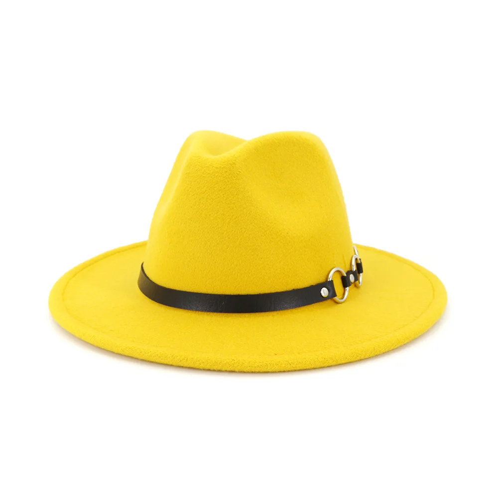 Осенняя и зимняя одноцветная шляпа с полями, шляпа для путешествий, шляпа-федора, джаз, Панама, шляпы для женщин и девушек 22 - Цвет: Цвет: желтый