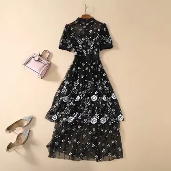 

New 2020 spring summer women black mesh dress short sleeve ruffles mid-calf designer cute white floral embroidery dresses