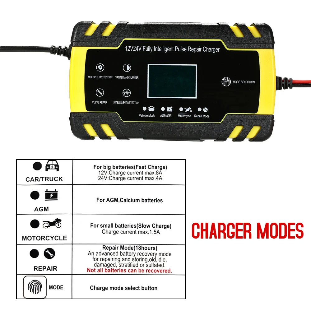 Новое обновление автомобиля Батарея Зарядное устройство 3-ступенчатый 12V 24V смарт интеллигентая(ый) ЖК-дисплей Дисплей мотоцикл грузовик автоматическая Батарея Зарядное устройство