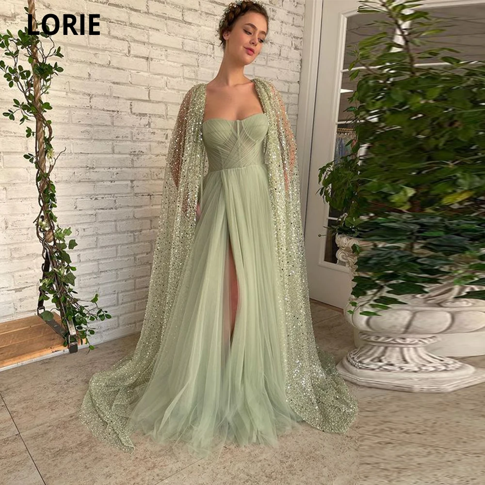 LORIE Green Tulle Evening Dresses 2022 Sparkly Glitter Jacket Prom Dresses Sweetheart Side Slit Party Gowns Robe De Soirée Femme