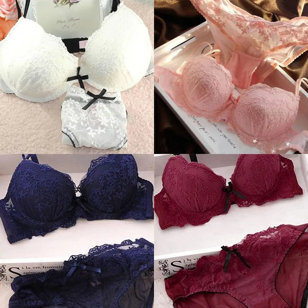 

Women Sexy Lace Flower Embroider Bow Decor Push Up Bra Set Knickers Underwear