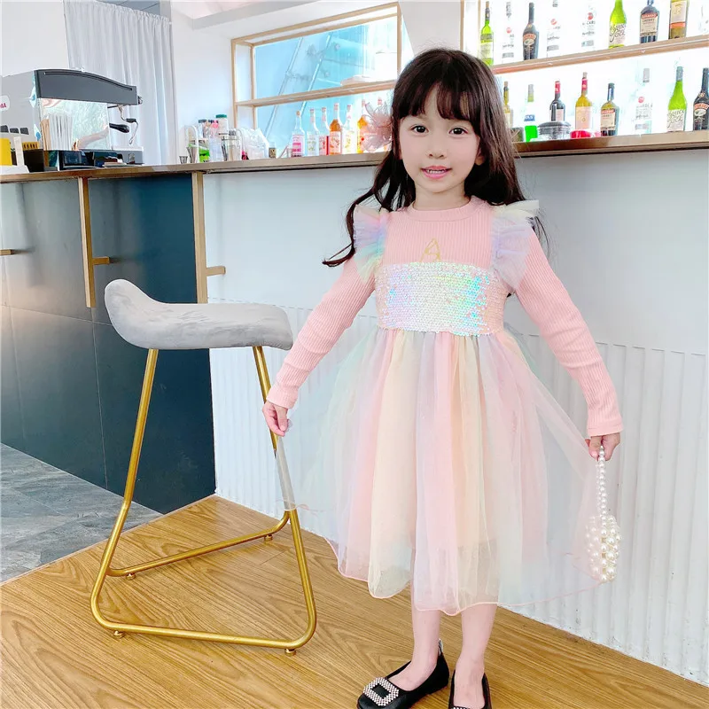 Ruffle Party Dress Girls Long Sleeve Cotton Ruffle Party Princess Dress Girl Sequin Rainbow Mesh Dress