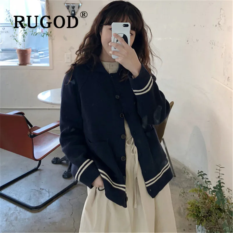 RUGOD New autumn winter warm sweater cardigans for women turn down collar stripe loose knit coat fashion femal korean top