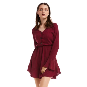 

Bikitique Ruffle Bow Waist Flare Long Sleeve Mini Party Dress Women Casual Date Sexy Dress Lady V-Neck Knitted Stretch Dress