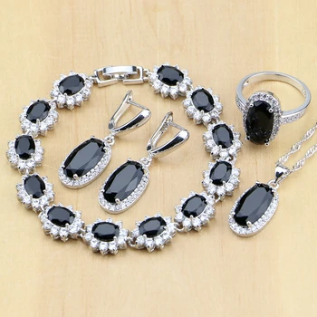 

925 Sterling Silver Bridal Jewelry Black White CZ Beads Jewelry Sets For Women Earrings/Pendant/Rings/Bracelet/Necklace Set