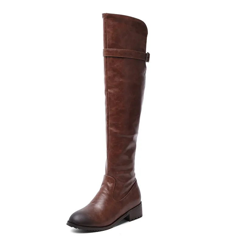 Женские мягкие зимние теплые высокие сапоги из искусственной кожи ботфорты женские байкерские сапоги на низком каблуке с пряжкой и ремешком размеры 34-48 - Цвет: brown boots