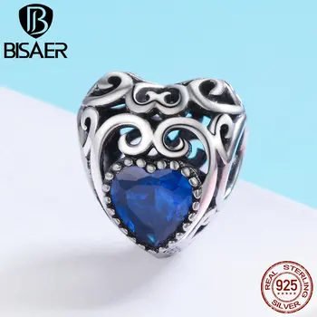 

BISAER 925 Sterling Silver Month Perles September Birthstone Heart Charm Beads fit Charm Bracelet 925 Silver Jewelry GXC573-9