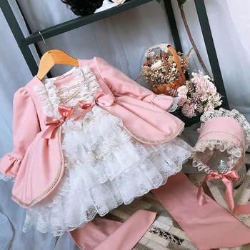 Girl Winter Spring Autumn Wool Pink Long Sleeve Vintage Spanish Lolita Princess Ball Gown Dress for Girl Birthday Eid Casual 1