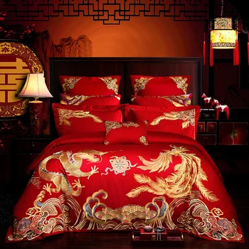 

Luxury Wedding Bedding Set Embroidery Dragon and Phoenix Egyptian Cotton Soft Duvet Cover with Cotton Bedspread Queen King Size