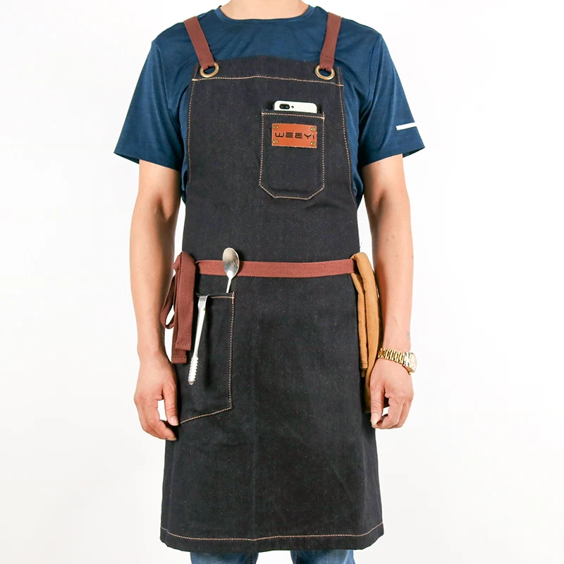 WEEYI Kitchen Apron Men Women Chef Cooking Denim Apron Kitchen Black Man aprons Pocket For Barista Bartender delantal cocina