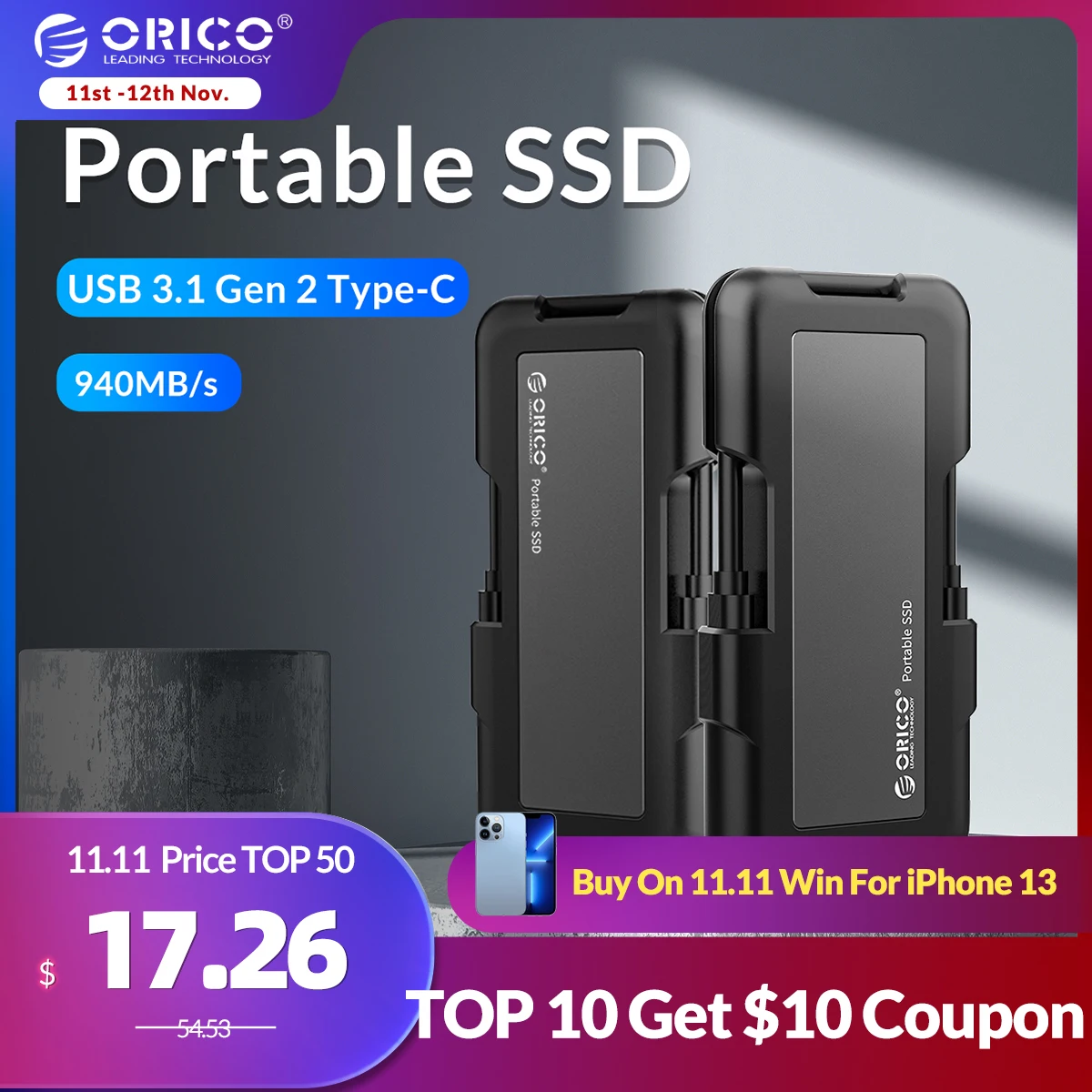  Внешний жесткий диск ORICO, 1 ТБ SSD 128 ГБ 256 ГБ 512 ГБ M.2 NVME SSD NGFF портативный SSD твердотельный накопитель с USB 3,1 Тип C 