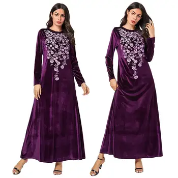 

Fashion Women Floral Embroidery Velvet Abaya Muslim Long Sleeve Dress Islamic Kaftan Dubai Jilbab Arab Maxi Gown Robe Autumn New