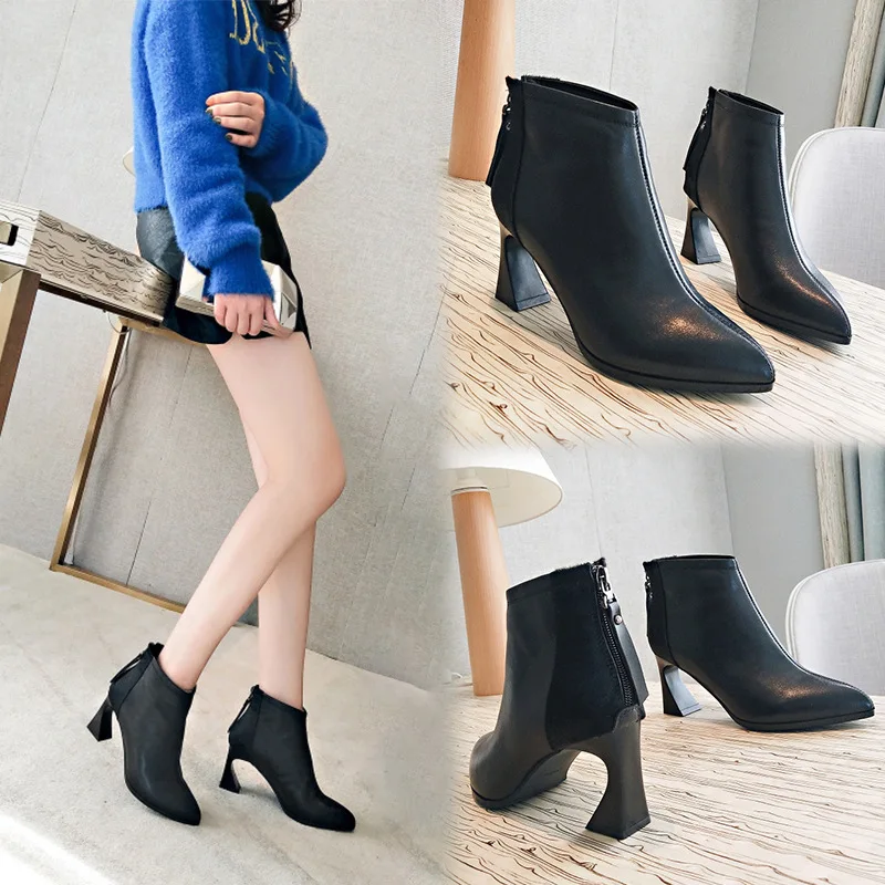

High heel, thick heel, short boots, women's head, cowhide shoes, pointed, zipper, women's leather boots, boots.